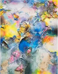 Leslie Martinez, Struggle of Suspension in a Twisted Loop, 2022, fabric, paper, crushed rock, sawdust, wood ash, iron oxide and acrylic on canvas