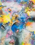 Leslie Martinez, Struggle of Suspension in a Twisted Loop, 2022, fabric, paper, crushed rock, sawdust, wood ash, iron oxide and acrylic on canvas
