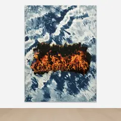 Korakrit Arunanondchai, Untitled (History Painting), 2013, denim, bleach, laser print, fire and stretcher bars