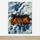 Korakrit Arunanondchai, Untitled (History Painting), 2013, denim, bleach, laser print, fire and stretcher bars