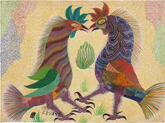 Untitled (Galos) by Chico da Silva and the Pirambu School, 1972, gouache on canvas, sold Feb 2025