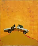 Brenna Youngblood, Uncle Grandpa, 2017, acrylic, spray paint, photograph collage and cardboard on canvas, in artist's frame