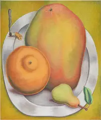Don Pablo Pedro, Orange, Mango, Pear, Cigarette Butt, 2017, textile paint on linen