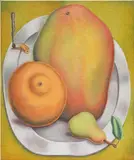 Don Pablo Pedro, Orange, Mango, Pear, Cigarette Butt, 2017, textile paint on linen