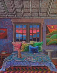 Jj Manford, Sunrise Bedroom with Tabby Cat, 2022, oilstick, oil pastel and Flashe on linen