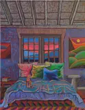 Jj Manford, Sunrise Bedroom with Tabby Cat, 2022, oilstick, oil pastel and Flashe on linen