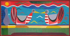 Austin Eddy, Red Birds Under a Red Sky No Longer Looking, 2019, oil, pastel and Flashe on canvas, in artist's frame
