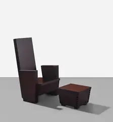 Thomas Schütte, Chair with footrest, 2005, stained oak, stained mahogany and composite wood, in 2 parts