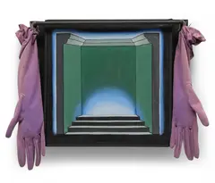 Roger Brown, Untitled (Stepped Stage with Velvet Glove Curtains), 1970, oil on canvas, in artist's frame with found gloves