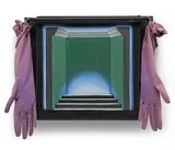 Roger Brown, Untitled (Stepped Stage with Velvet Glove Curtains), 1970, oil on canvas, in artist's frame with found gloves
