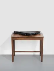 Jimmie Durham, Different Ways of Organizing Matter in Venice, 2015, found wood and glass on found wooden table