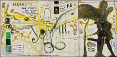 Jonathan Meese, Oh, Herbst, du lebst, wie Sau, danke ihr TYRANNISchen, 2007, oil, mixed media and printed paper collage on canvas, in 3 parts, in artist's frame