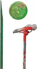 Dan Colen, Three works: (i) Blowin' in the Wind (Bike Seat) ; Blowin' in the Wind (Frisbee) ; (iii) Blowin' in the Wind (Shard), 2011, (i) paint, metal, bike seat (ii) paint, frisbee (iii) paint, wood