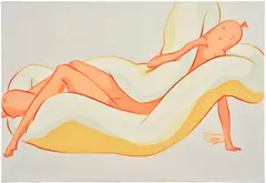 Ivy Haldeman, Horizontal Figure, Foot Turns Inward, Thighs Touch, Hand to Collar, 2022, acrylic on canvas