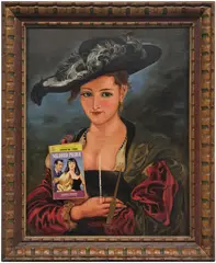 Alexis Smith, Bodice Ripper, 2009, found oil painting, metal letter opener and book collage, in artist's frame