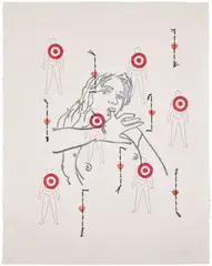 Ghada Amer, Targets, 2005, ink, crayon, stickers and embroidery on paper
