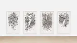 Julie Mehretu, Myriads, Only by Dark (Unfolded Body Map, Mathematics of Droves, Indigene, Origin), 2014, color aquatint with Spit Bite on paper, in 4 parts