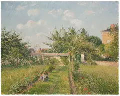 Camille Pissarro, Le pré et la maison d'Éragny, femme jardinant, printemps, 1901, oil on canvas