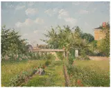 Camille Pissarro, Le pré et la maison d'Éragny, femme jardinant, printemps, 1901, oil on canvas