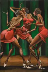 Singin’ Sistahs by Ernie Barnes, 1979, acrylic on canvas, sold Nov 2025
