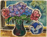 Karl Schmidt-Rottluff, Hortensien und Steinmaske, 1954, watercolor on paper
