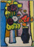Grosses Stilleben: Dahlien und Chrysanthemun mit Blauer Vase by Alexej von Jawlensky, oil on board, sold Nov 2025