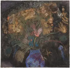 Odilon Redon, Fleurs orange dans un vase bleu sur fond noir, pastel on toned gray paper