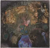 Odilon Redon, Fleurs orange dans un vase bleu sur fond noir, pastel on toned gray paper