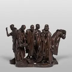 Auguste Rodin, Les bourgeois de Calais, deuxième maquette (i) Pierre de Wissant, vêtu; (ii) Jean d'Aire, vêtu; (iii) Jacques de Wissant, vêtu; (iv) Jean de Fiennes, torse nu; (v) Eustache de Saint-Pierre, vêtu; (vi) Andieu d'Andres, vêtu, 1885, bronze with brown patina, in 6 parts