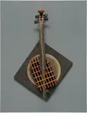 Man Ray, Silent Harp, 1943, violin neck, horsehair, varnished phonographic record, wooden ball and wooden lattice, mounted on board