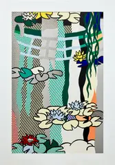 Roy Lichtenstein, Water Lilies with Japanese Bridge, 1992, screen-printed enamel on processed swirled stainless steel, with painted aluminum frame
