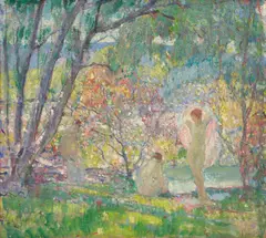 Bathers by the Forest Pond by Richard Edward Miller, 1910, oil on panel, sold Nov 2025