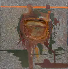Julian Schnabel, Avoiding Open Heart Surgery (Chest Cavity), 1985, oil, fiberglass, and burlap on linoleum, in 2 parts