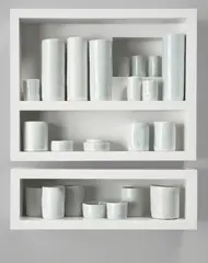 The rest of the way to Egypt by Edmund de Waal, 2011, 23 thrown porcelain vessels in white, cream and celadon, in white lacquer cabinets, sold Nov 2025