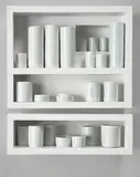 Edmund de Waal, The rest of the way to Egypt, 2011, 23 thrown porcelain vessels in white, cream and celadon, in white lacquer cabinets