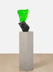black green mountain by Ugo Rondinone, 2015-2016, painted stone and stainless steel with pedestal, sold Nov 2025