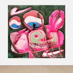 Scotch Tape Face by Katherine Bernhardt, 2019, acrylic and spray paint on canvas, sold Nov 2025