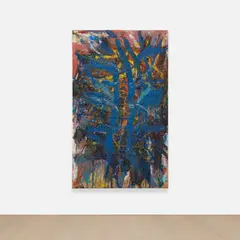 Spencer Lewis, Blue Slash with Red Skull, 2017, acrylic, oil and flocking on cardboard mounted on linen