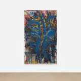 Spencer Lewis, Blue Slash with Red Skull, 2017, acrylic, oil and flocking on cardboard mounted on linen