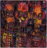 Aboudia, Untitled, 2017, acrylic, oilstick and printed paper collage on canvas