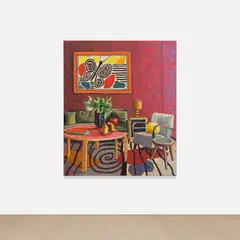 Jj Manford, Interior with Calder Lithograph & Manford Rug, 2022, oilstick, oil pastel and Flashe on burlap laid on canvas