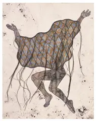 Felipe Baeza, Unruly Suspension 2, 2020, ink, graphite, Flashe, cut paper, acrylic, watercolor, varnish and embroidery on panel