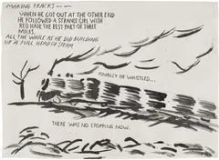 No Title (Making tracks--) by Raymond Pettibon, 1996, pen and ink on paper, sold Jul 2025