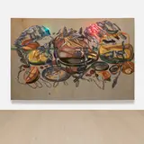 David Salle, Portrait of Michael Hurson, 1984, acrylic, oil and lightbulbs on fabric