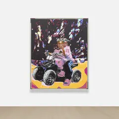 Amani Lewis, Dem Harlem Cowboys, always moving, Always protected (Matthews 18:20), 2021, acrylic, pastel, glitter, screenprint and digital collage on canvas