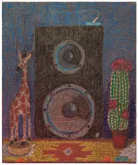 Jj Manford, Still Life with Giraffe Sculpture, Speaker and Cactus, 2019, oil pastel and gouache on linen