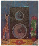 Jj Manford, Still Life with Giraffe Sculpture, Speaker and Cactus, 2019, oil pastel and gouache on linen