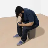 Luis Flores, Untitled, 2015, crochet yarn, t-shirt, Levi's jeans, Vans shoes, iPhone 4 and cinder block