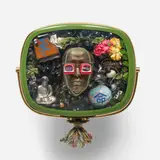 Nam June Paik, Self-Portrait, 1989, 1950s Philco Predicta television cabinet containing bronze mask of the artist, video tape, antique TV cubes and circuit board, eggs, painted globe, watch, suspenders, pewter Buddha, magnet, painted toy piano, I-Ching page, silk flowers and pair of eye glasses