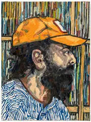 Alex Becerra, Self Portrait in Front of Records, 2022, oil on canvas